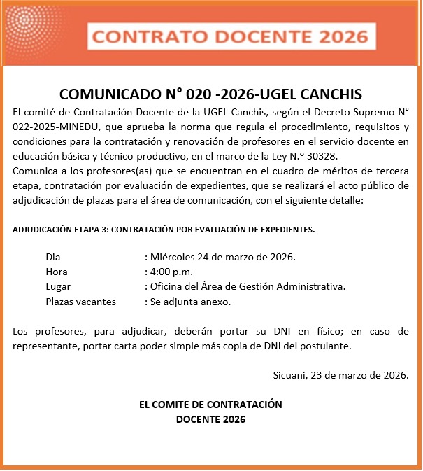 COMUNICADO No 020 -2026-UGEL CANCHIS Contratación Docente de la UGEL Canchis